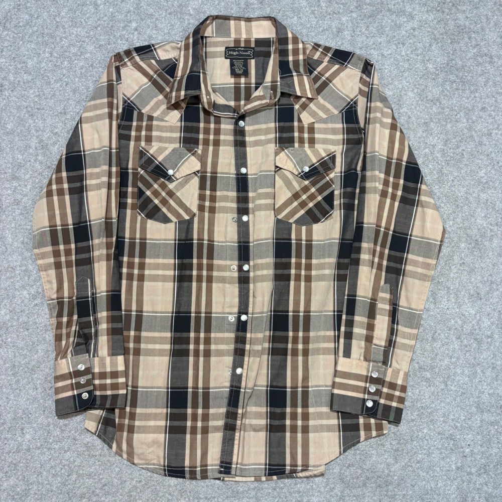High Noon Mens Western Pearl Snap Shirt Brown Plaid Long Sleeve Medium Regular